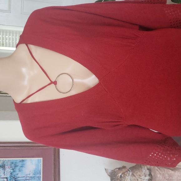 AB Studio xl deep vneck ring necklace perforated flutter sleeve ruby red - Picture 2 of 7
